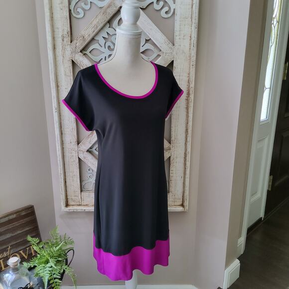 MSK Women's Petite Short Sleeve Shift Midi Dress in Black & Purple - Picture 1 of 7
